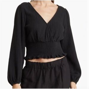 Madewell Lightspun Julianne Smocked-Waist Top Black Puff Sleeve Feminine Size S